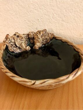 Handcrafted Terrafirma Style Stoneware bowl vegetable motif in relief